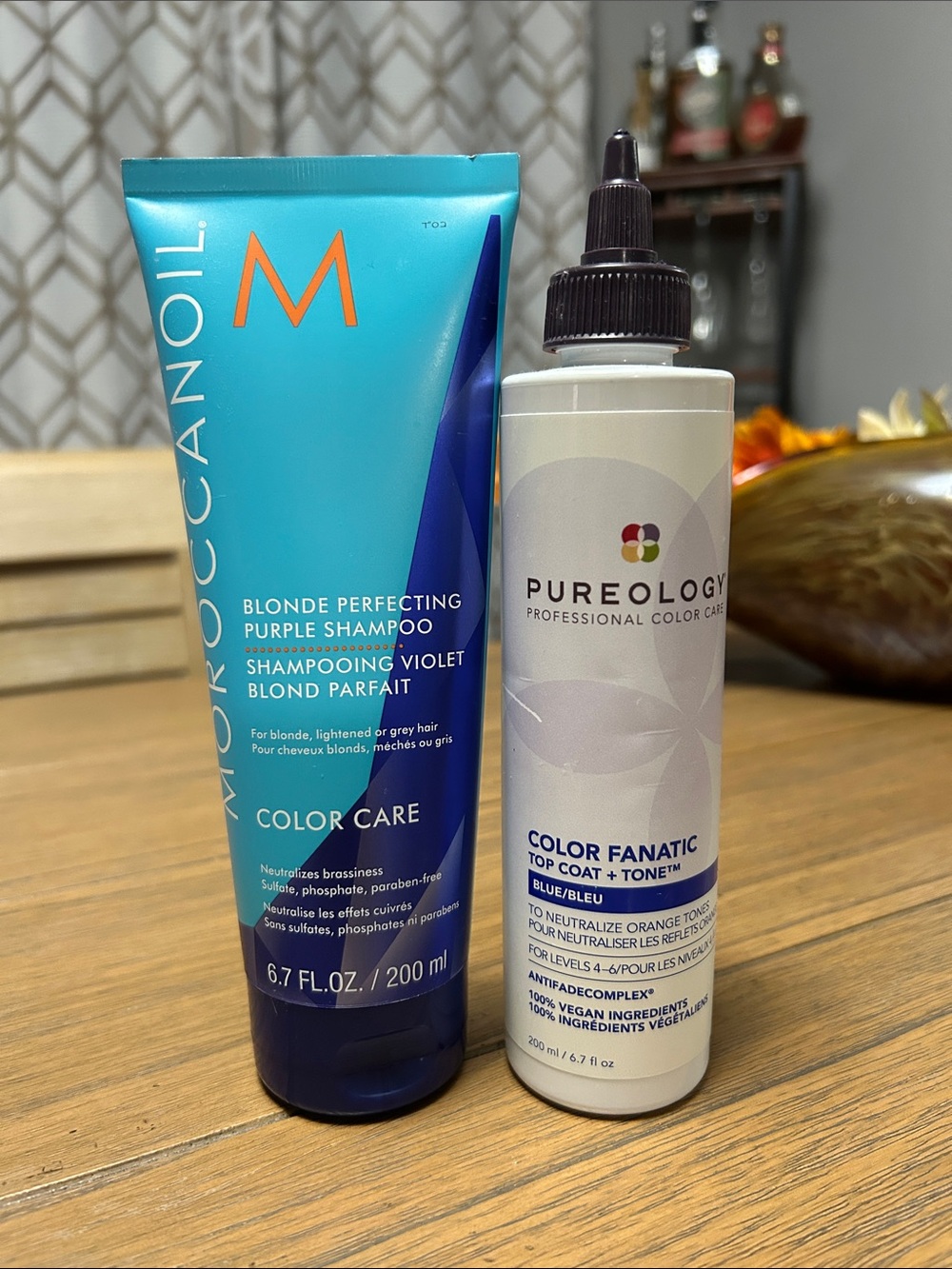 Duo color treatment - shampoo by Moroccan Oil and top coat by pureology.